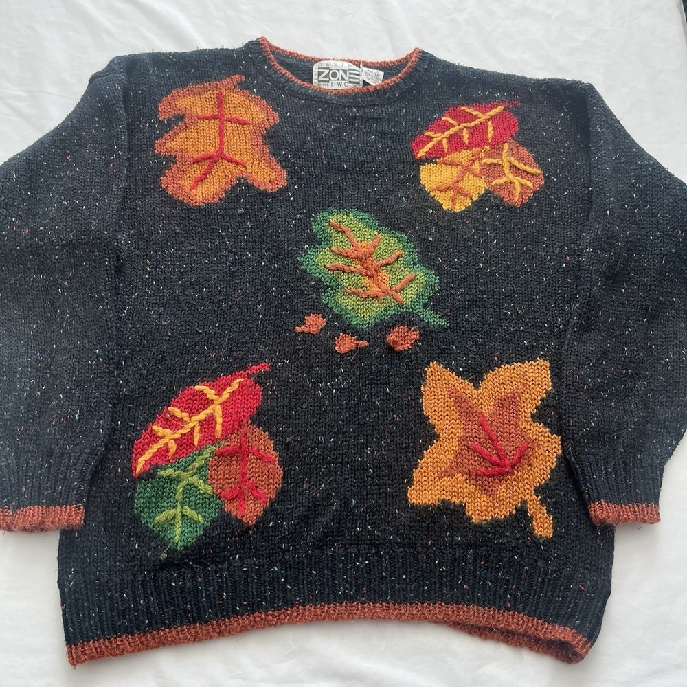 Vtg Design Zone 1989 Sweater Pullover Fallcore Leaves Cottagecore Knit Size XL